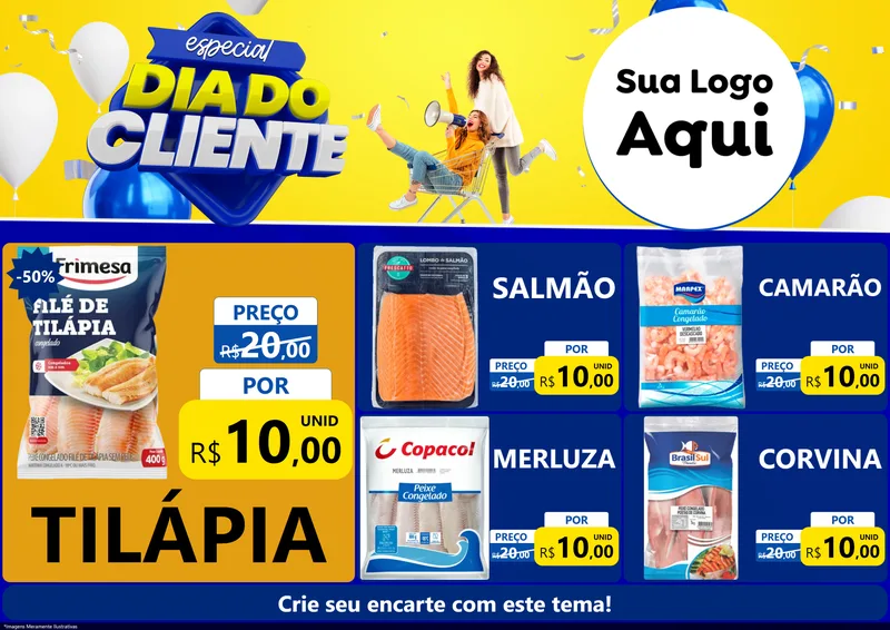 Modelo de Encarte para Encarte A4 Horizontal com o tema Especial Dia do Cliente para Peixaria