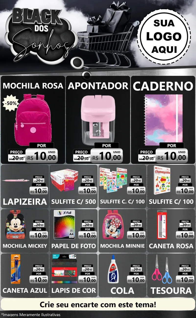 Modelo de Encarte para Encarte Grande com o tema Black dos Sonhos para Papelaria