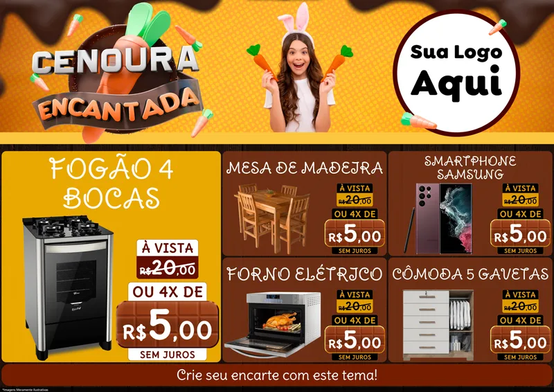 Modelo de Encarte para Encarte A4 Horizontal com o tema Cenoura Encantada - Páscoa para Móveis e Eletro