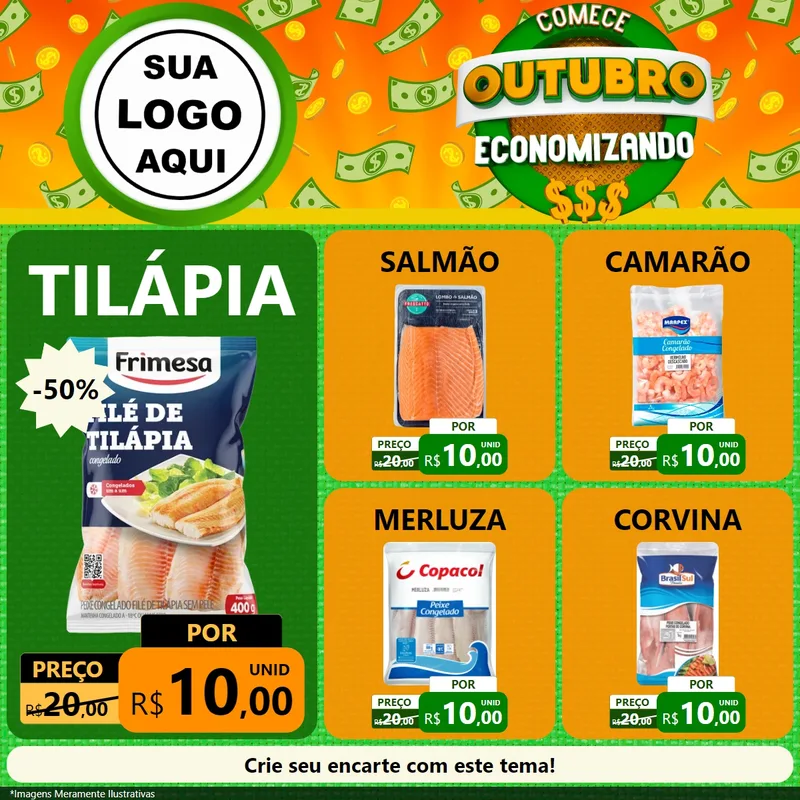 Modelo de Rede Social para Feed Facebook com o tema Comece Outubro Economizando para Peixaria