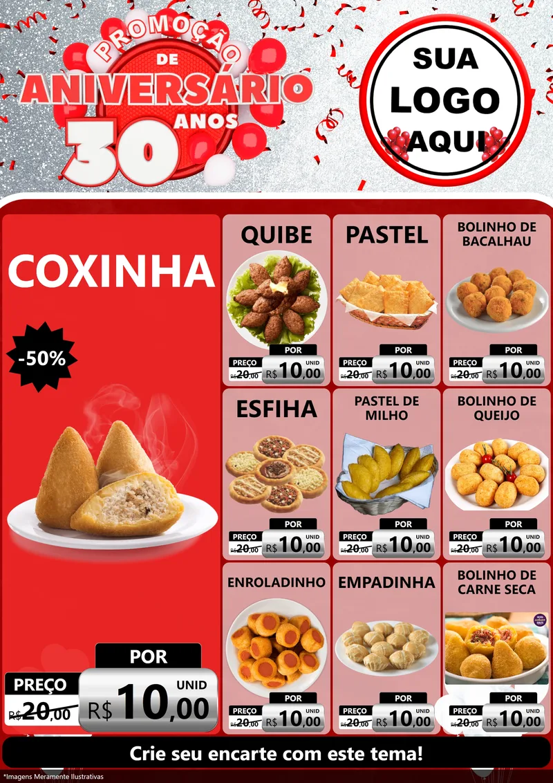 Modelo de Encarte para Encarte A4 Vertical com o tema Promoção de Aniversário - 30 Anos para Salgadaria