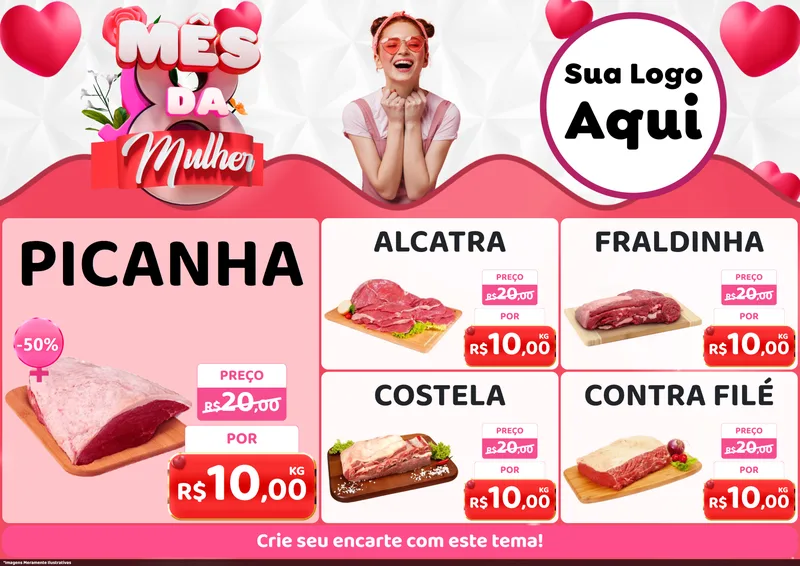 Modelo de Encarte para Encarte A4 Horizontal com o tema Mês da Mulher para Açougue