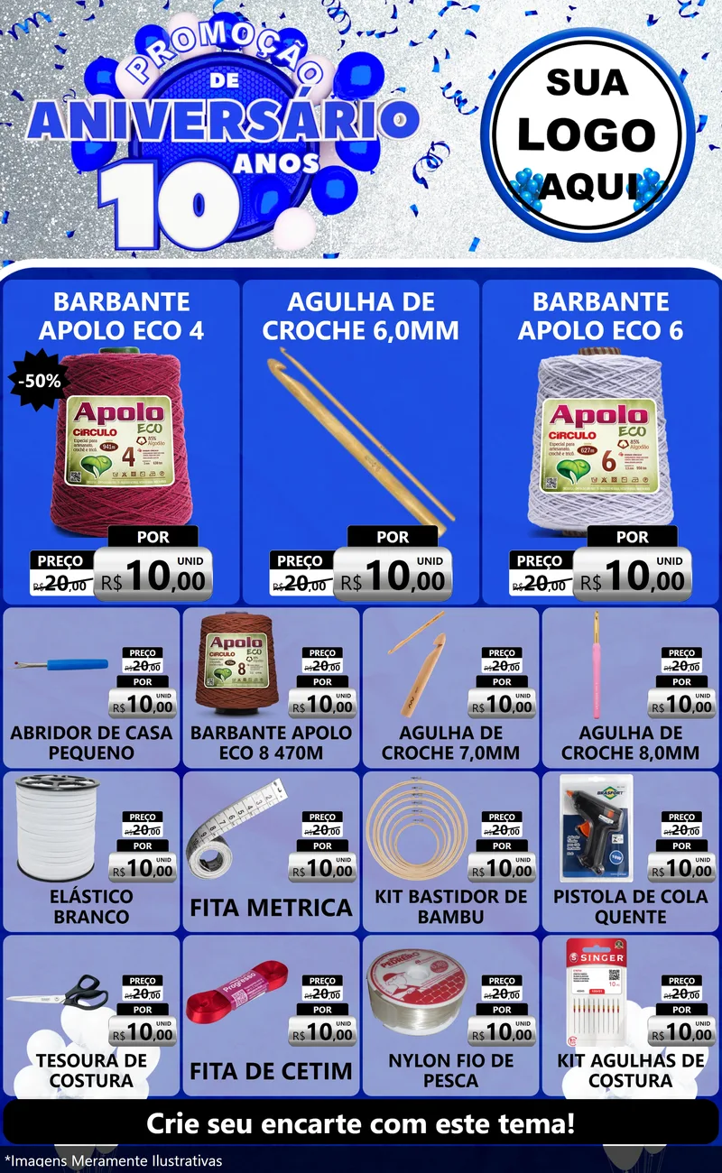 Modelo de Encarte para Encarte Grande com o tema Promoção de Aniversário - 10 Anos para Armarinho e Aviamentos