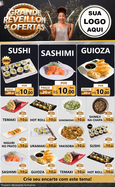 Modelo de Encarte para Encarte Grande com o tema Grande Réveillon de Ofertas para Comida japonesa