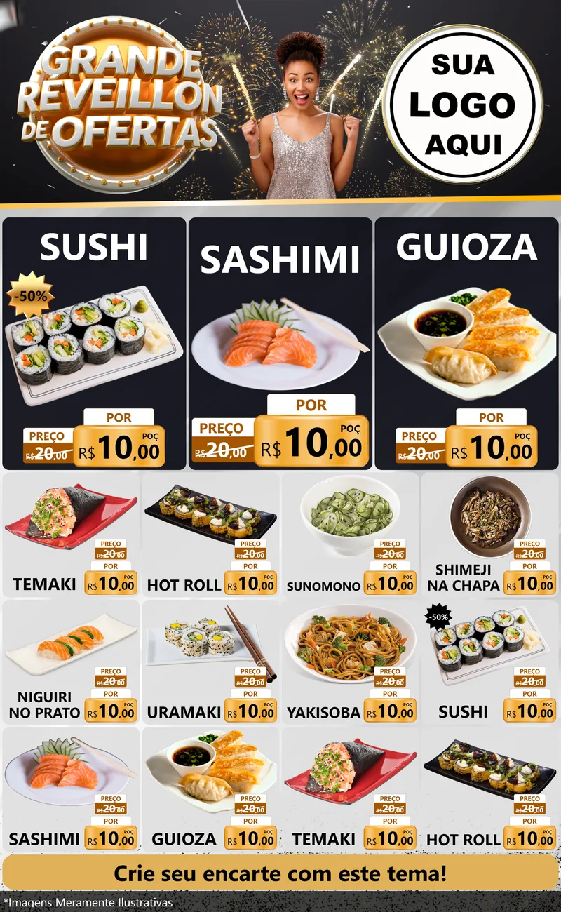 Modelo de Encarte para Encarte Grande com o tema Grande Réveillon de Ofertas para Comida japonesa