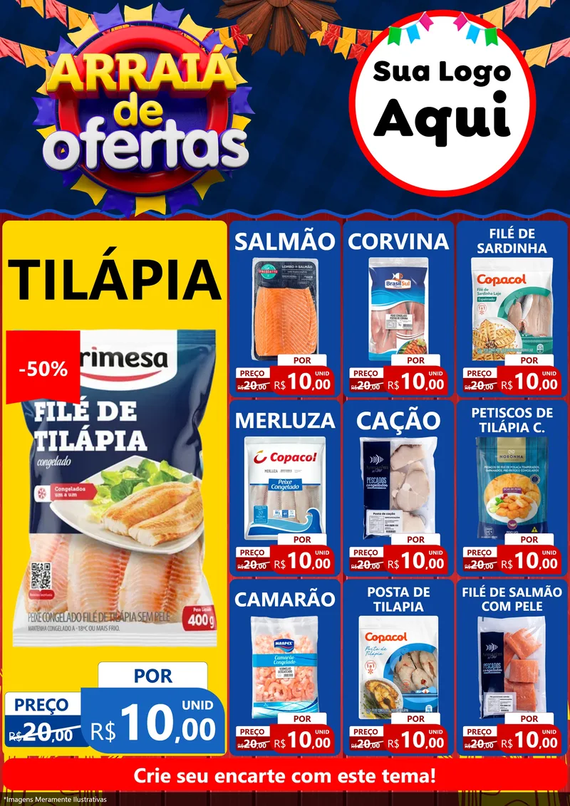 Modelo de Encarte para Encarte A4 Vertical com o tema Arraiá de Ofertas para Peixaria