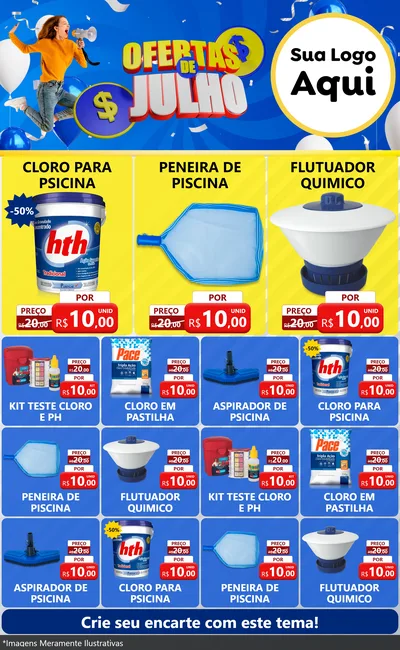 Modelo de Encarte para Encarte Grande com o tema Ofertas de Julho para Produtos para Piscina