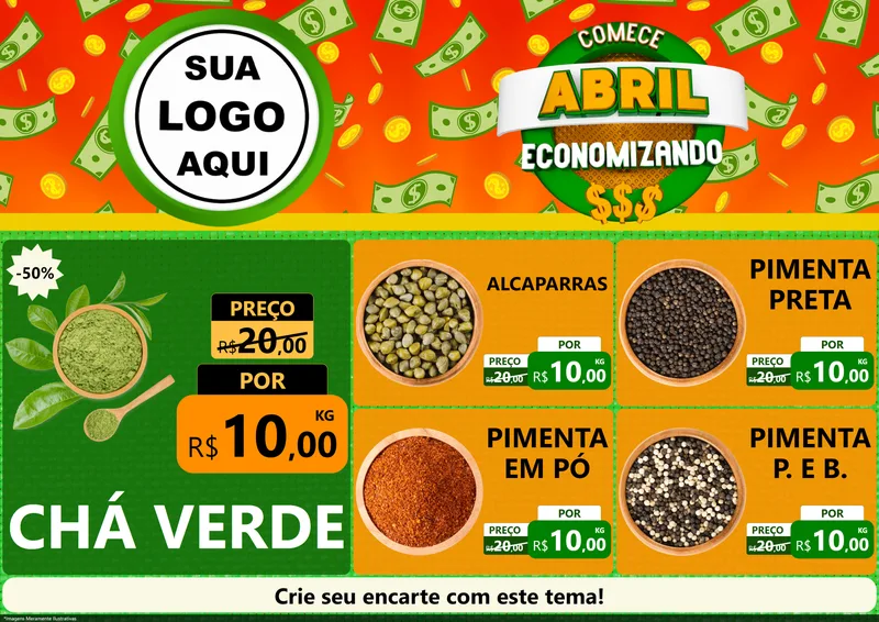 Modelo de Encarte para Encarte A4 Horizontal com o tema Comece Abril Economizando para Produtos Naturais