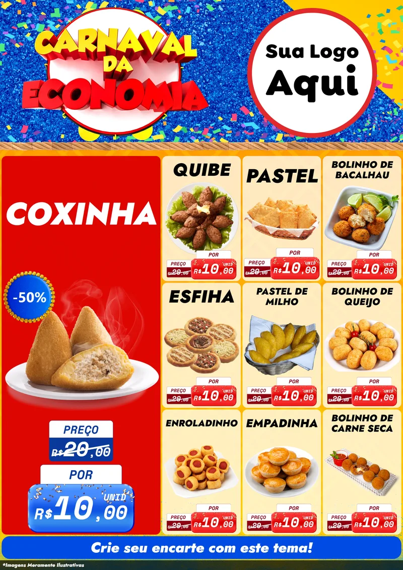 Modelo de Encarte para Encarte A4 Vertical com o tema Carnaval da Economia para Salgadaria