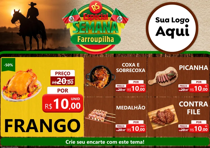Modelo de Encarte para Encarte A4 Horizontal com o tema Especial Semana Farroupilha para Assados