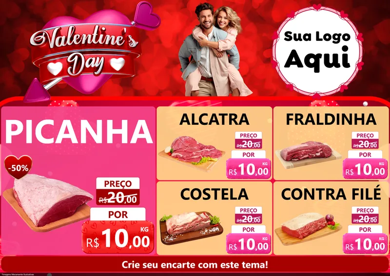 Modelo de Encarte para Encarte A4 Horizontal com o tema Valentine's Day para Açougue
