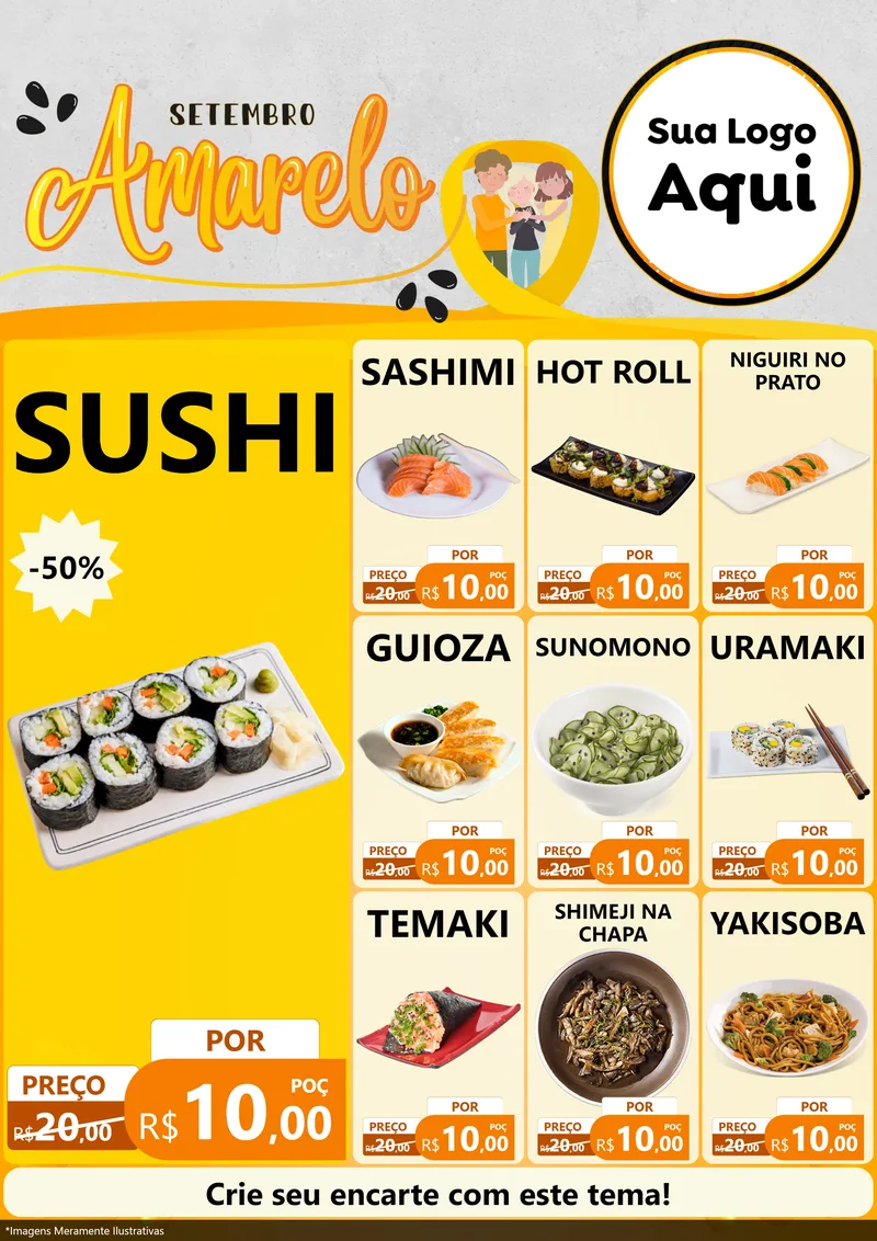 Modelo de Encarte para Encarte A4 Vertical com o tema Setembro Amarelo para Comida japonesa