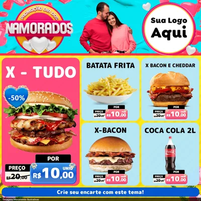 Modelo de Rede Social para Feed Facebook com o tema Promoção Dia dos Namorados para Hamburgueria