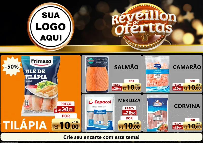 Modelo de Encarte para Encarte A4 Horizontal com o tema Réveillon de Ofertas para Peixaria