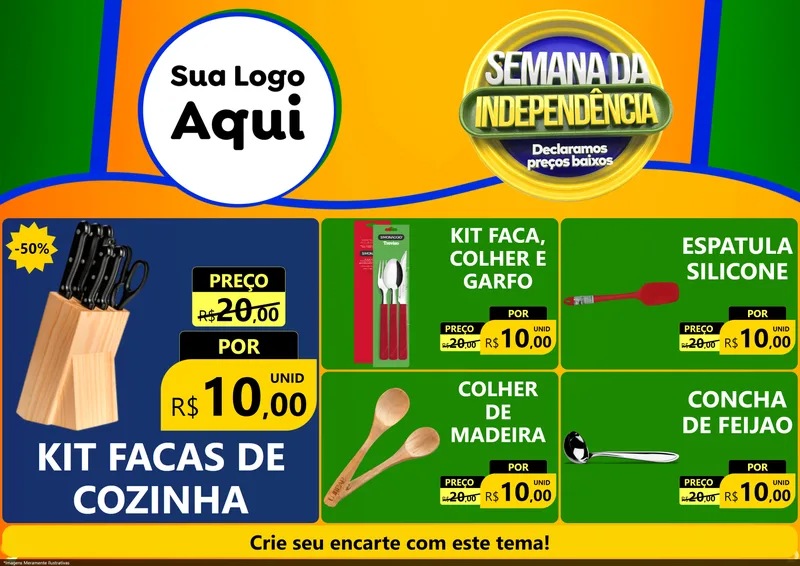 Modelo de Encarte para Encarte A4 Horizontal com o tema Semana da Independência Declaramos Preços Baixos para Utilidades Domésticas