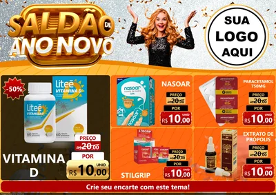 Modelo de Encarte para Encarte A4 Horizontal com o tema Saldão de Ano Novo para Farmácia