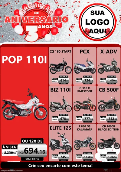 Modelo de Encarte para Encarte A4 Vertical com o tema Promoção de Aniversário - 3 Anos para Concessionaria de Motos