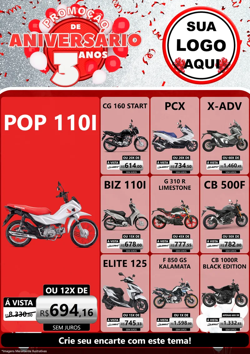 Modelo de Encarte para Encarte A4 Vertical com o tema Promoção de Aniversário - 3 Anos para Concessionaria de Motos