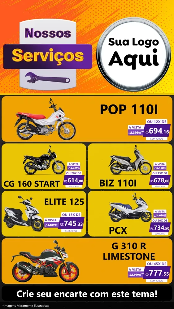 Modelo de TV para TV Vertical com o tema Nossos Serviços para Concessionaria de Motos