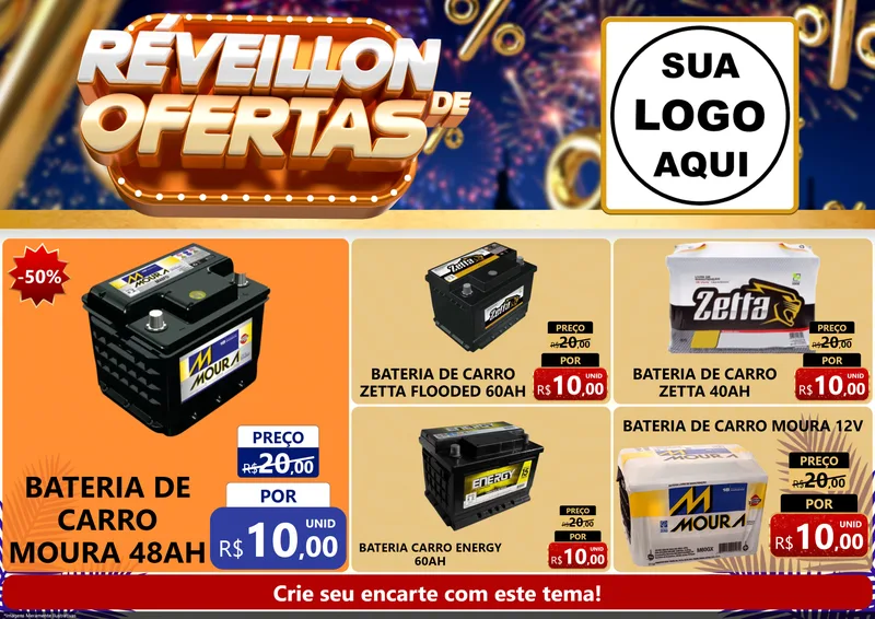 Modelo de Encarte para Encarte A4 Horizontal com o tema Réveillon de Ofertas para Baterias Elétricas