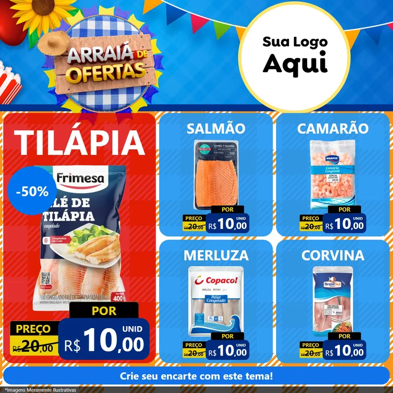 Modelo de Rede Social para Feed Facebook com o tema Arraiá de Ofertas para Peixaria