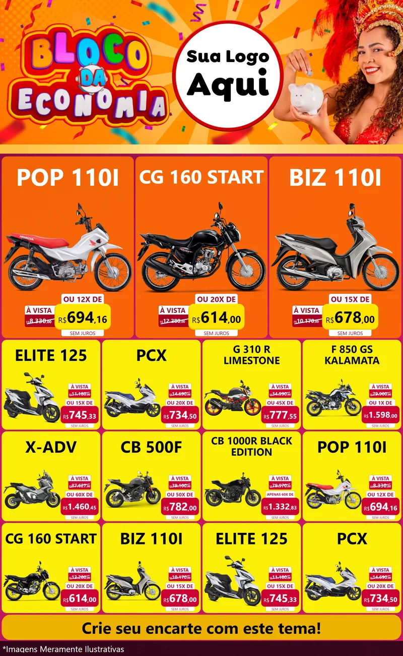 Modelo de Encarte para Encarte Grande com o tema Bloco da Economia para Concessionaria de Motos