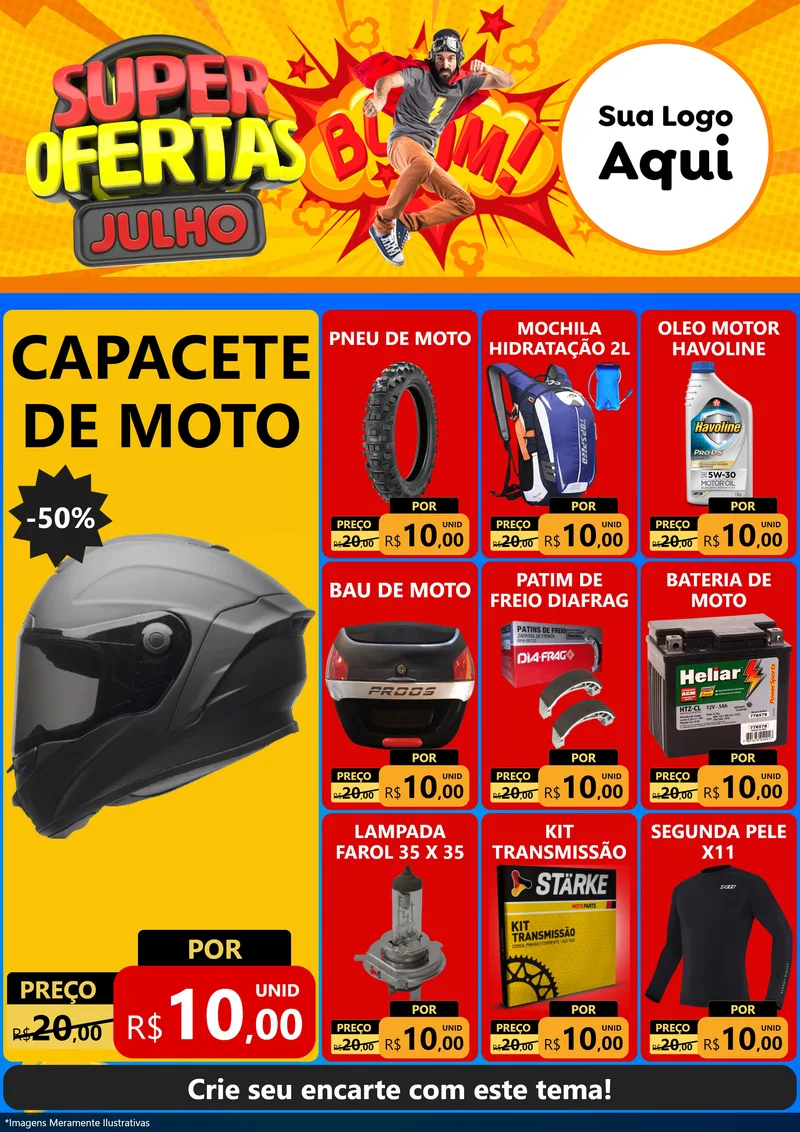 Modelo de Encarte para Encarte A4 Vertical com o tema Super Ofertas Julho para Moto peças