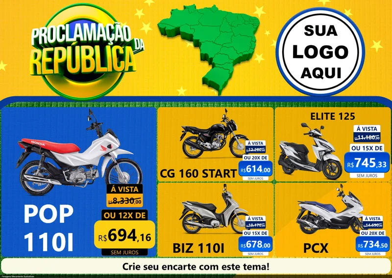 Modelo de Encarte para Encarte A4 Horizontal com o tema Proclamação da República para Concessionaria de Motos