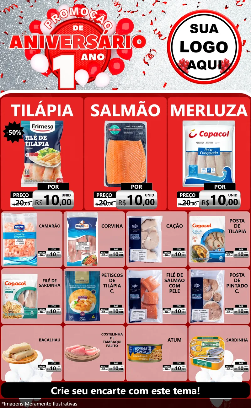 Modelo de Encarte para Encarte Grande com o tema Promoção de Aniversário - 1 Ano para Peixaria