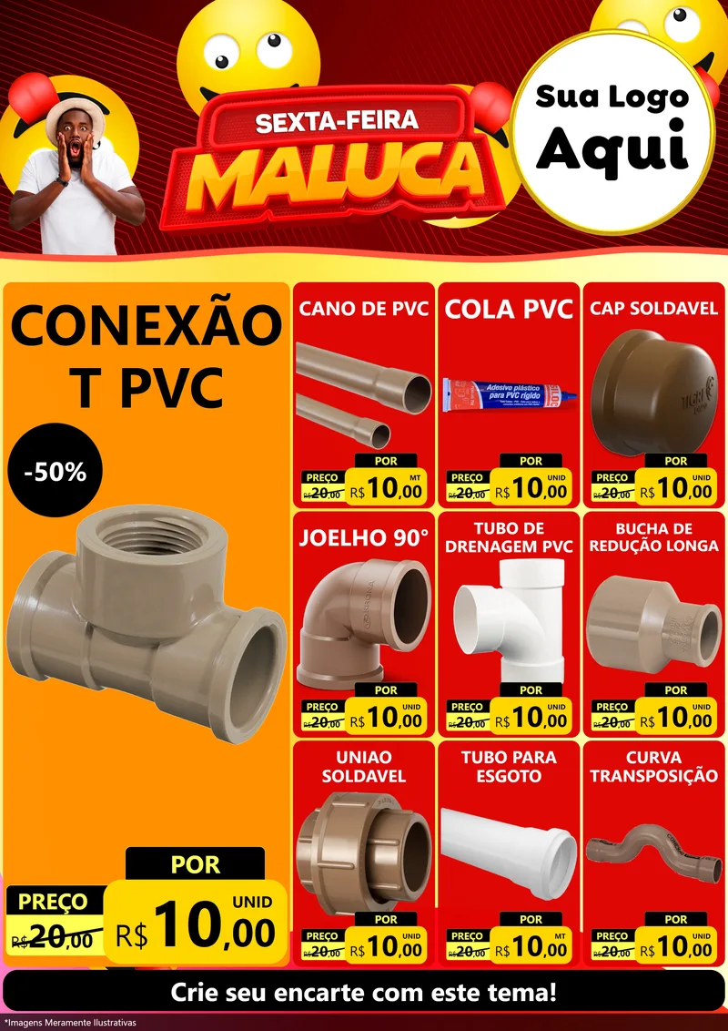 Modelo de Encarte para Encarte A4 Vertical com o tema Sexta-feira Maluca para Tubos e conexões