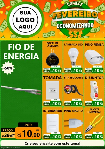 Modelo de Encarte para Encarte A4 Vertical com o tema Comece Fevereiro Economizando para Materiais Elétricos