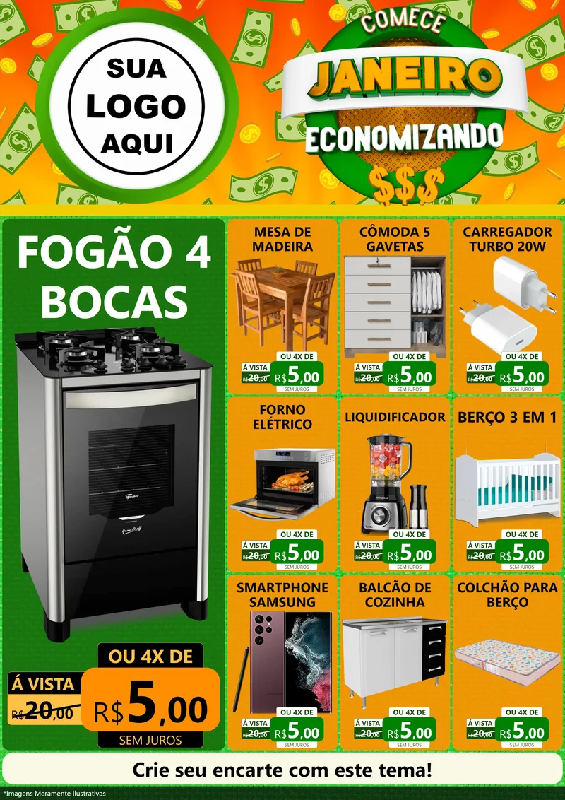 Modelo de Encarte para Encarte A4 Vertical com o tema Comece Janeiro Economizando para Móveis e Eletro