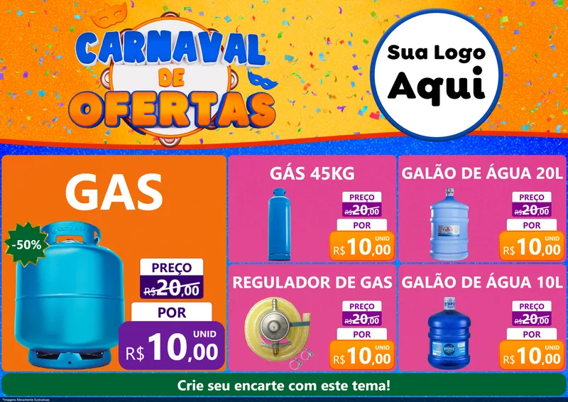 Modelo de Encarte para Encarte A4 Horizontal com o tema Carnaval de Ofertas para Água e gás