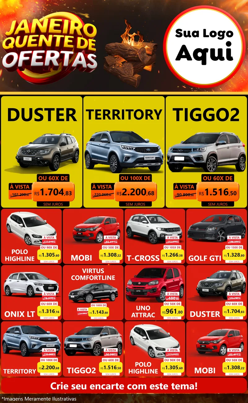 Modelo de Encarte para Encarte Grande com o tema Janeiro Quente de Ofertas para Concessionaria de Carros