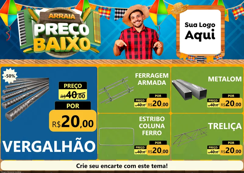 Modelo de Encarte para Encarte A4 Horizontal com o tema Arraiá de Preço Baixo - Junina para Ferragens