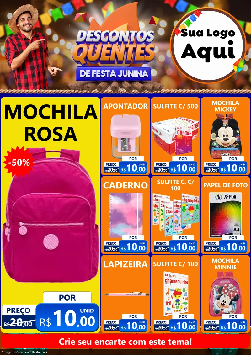 Modelo de Encarte para Encarte A4 Vertical com o tema Descontos Quentes de Festa Junina para Papelaria