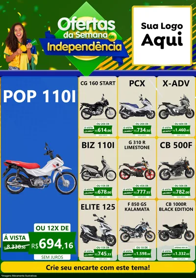 Modelo de Encarte para Encarte A4 Vertical com o tema Ofertas da Semana da Independência para Concessionaria de Motos