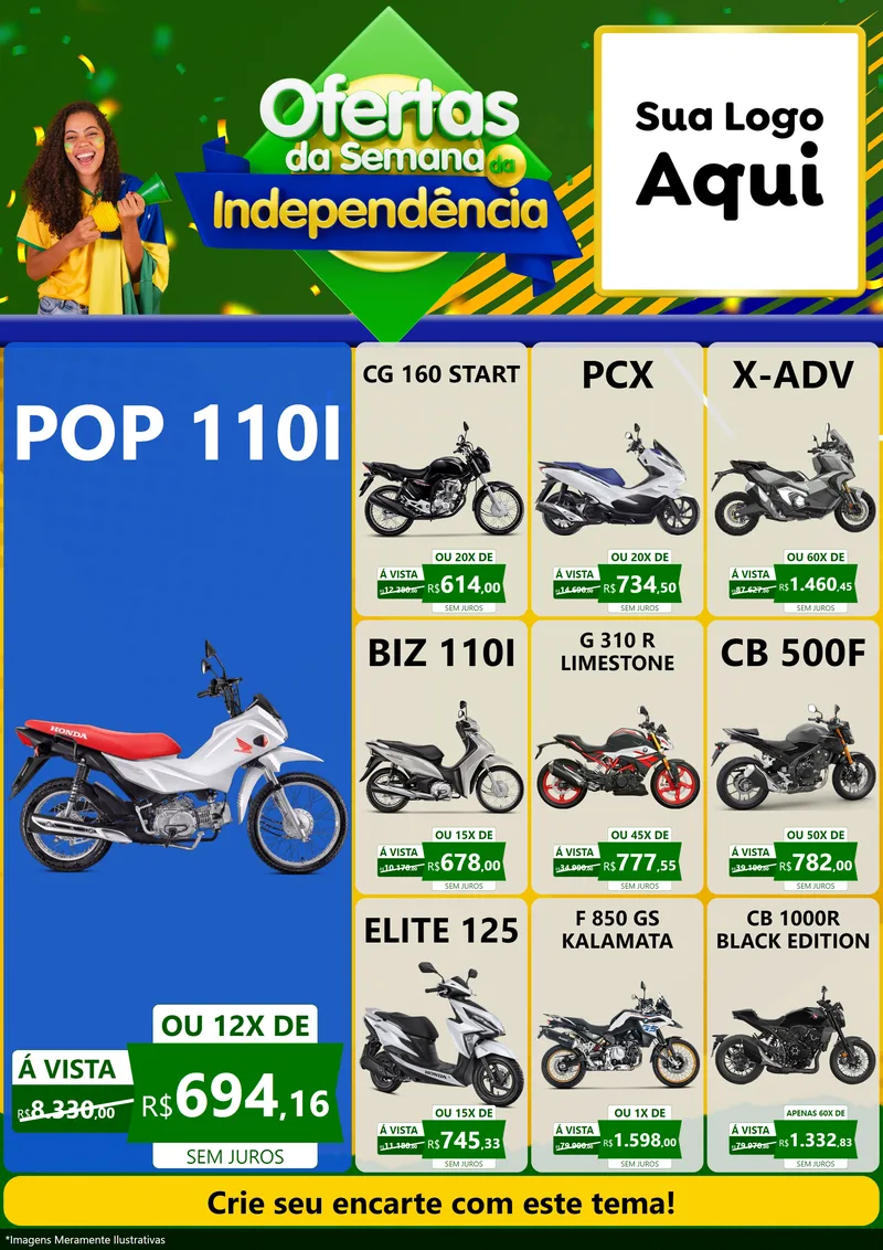 Modelo de Encarte para Encarte A4 Vertical com o tema Ofertas da Semana da Independência para Concessionaria de Motos
