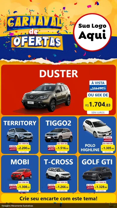 Modelo de Rede Social para Stories com o tema Carnaval de Ofertas para Concessionaria de Carros