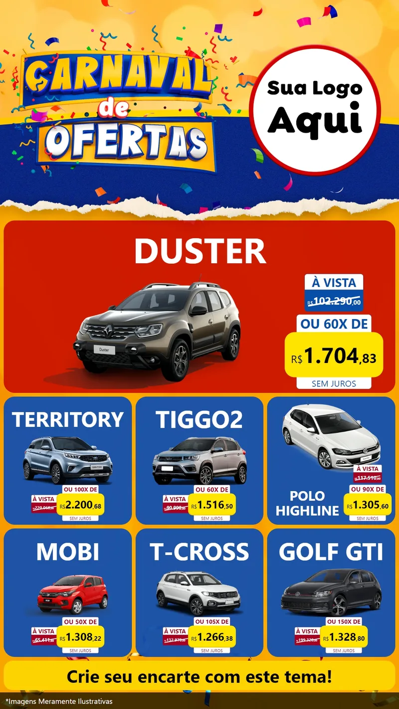 Modelo de Rede Social para Stories com o tema Carnaval de Ofertas para Concessionaria de Carros