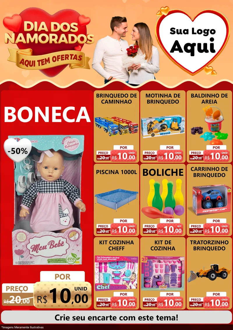Modelo de Encarte para Encarte A4 Vertical com o tema Dia dos Namorados - Aqui Tem Ofertas para Brinquedos