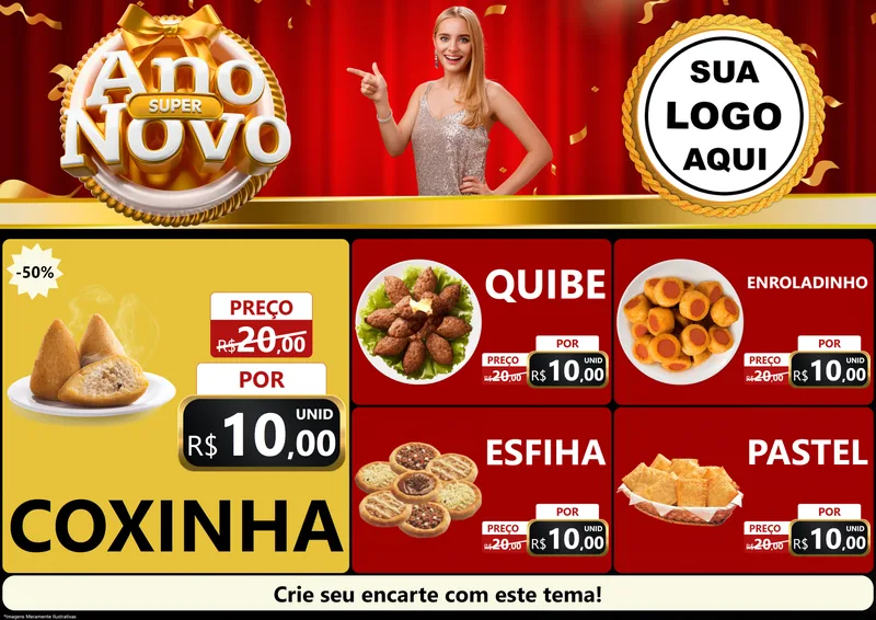 Modelo de Encarte para Encarte A4 Horizontal com o tema Super Ano Novo para Salgadaria