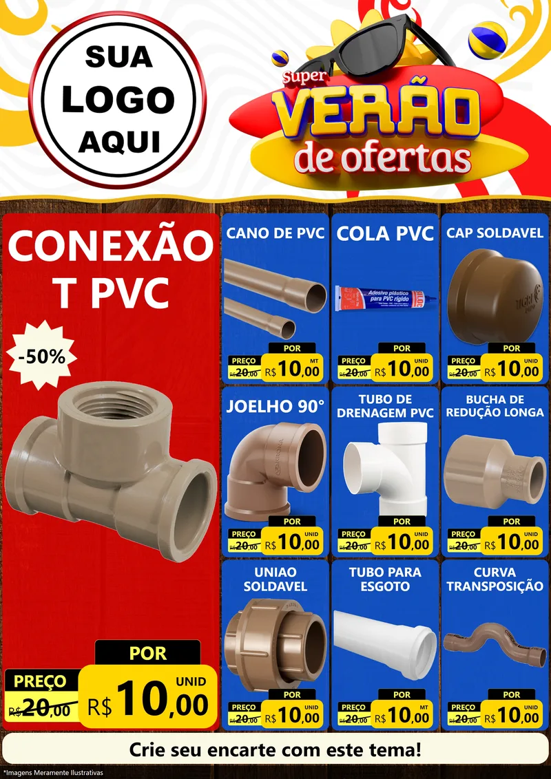 Modelo de Encarte para Encarte A4 Vertical com o tema Super Verão de Ofertas para Tubos e conexões