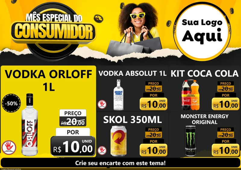 Modelo de Encarte para Encarte A4 Horizontal com o tema Mês Especial do Consumidor para Distribuidora de bebidas