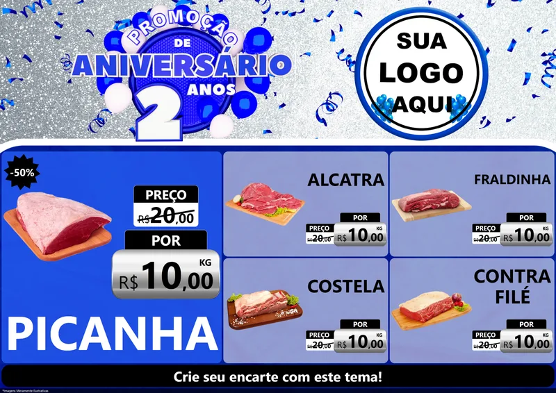 Modelo de Encarte para Encarte A4 Horizontal com o tema Promoção de Aniversário - 2 Anos para Açougue