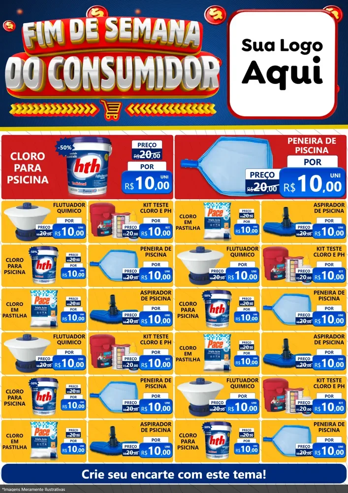 Modelo de Encarte para Encarte A4 Vertical com o tema Fim de Semana do Consumidor para Produtos para Piscina