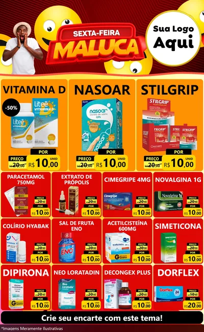 Modelo de Encarte para Encarte Grande com o tema Sexta-feira Maluca para Farmácia
