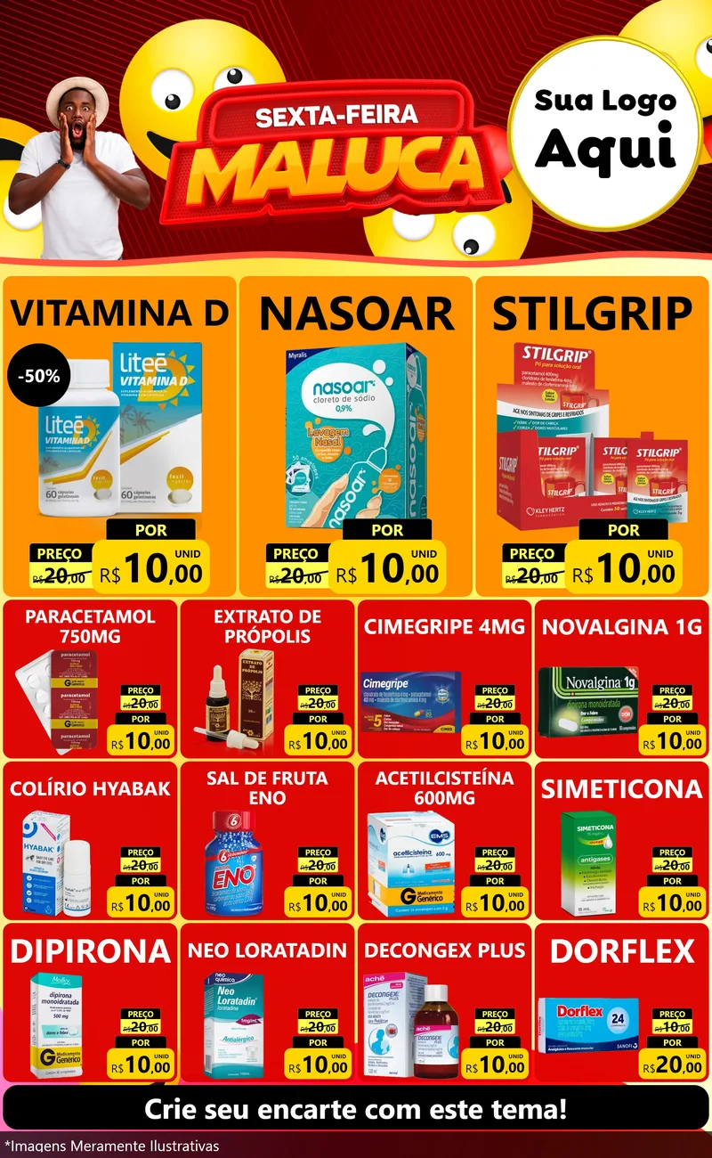Modelo de Encarte para Encarte Grande com o tema Sexta-feira Maluca para Farmácia