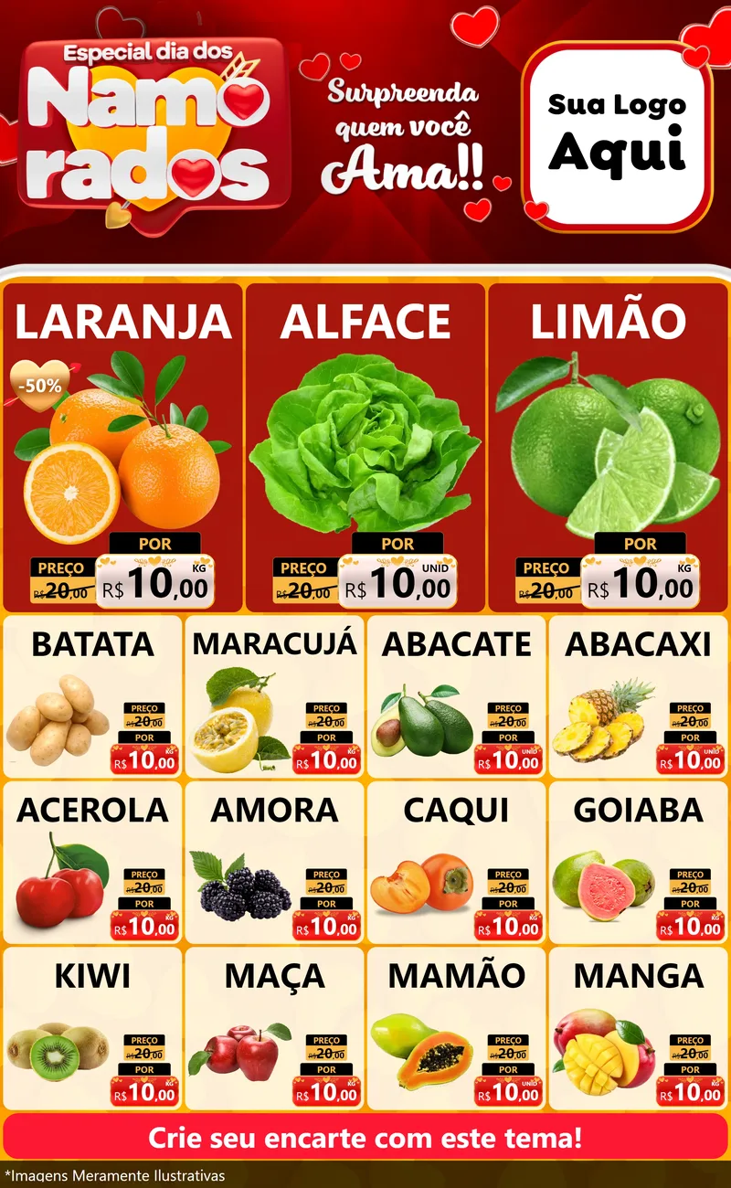 Modelo de Encarte para Encarte Grande com o tema Especial Dia dos Namorados para Hortifrúti