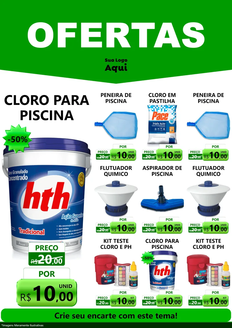 Modelo de Encarte para Encarte A4 Vertical com o tema Ofertas Verde Cartaz para Produtos para Piscina